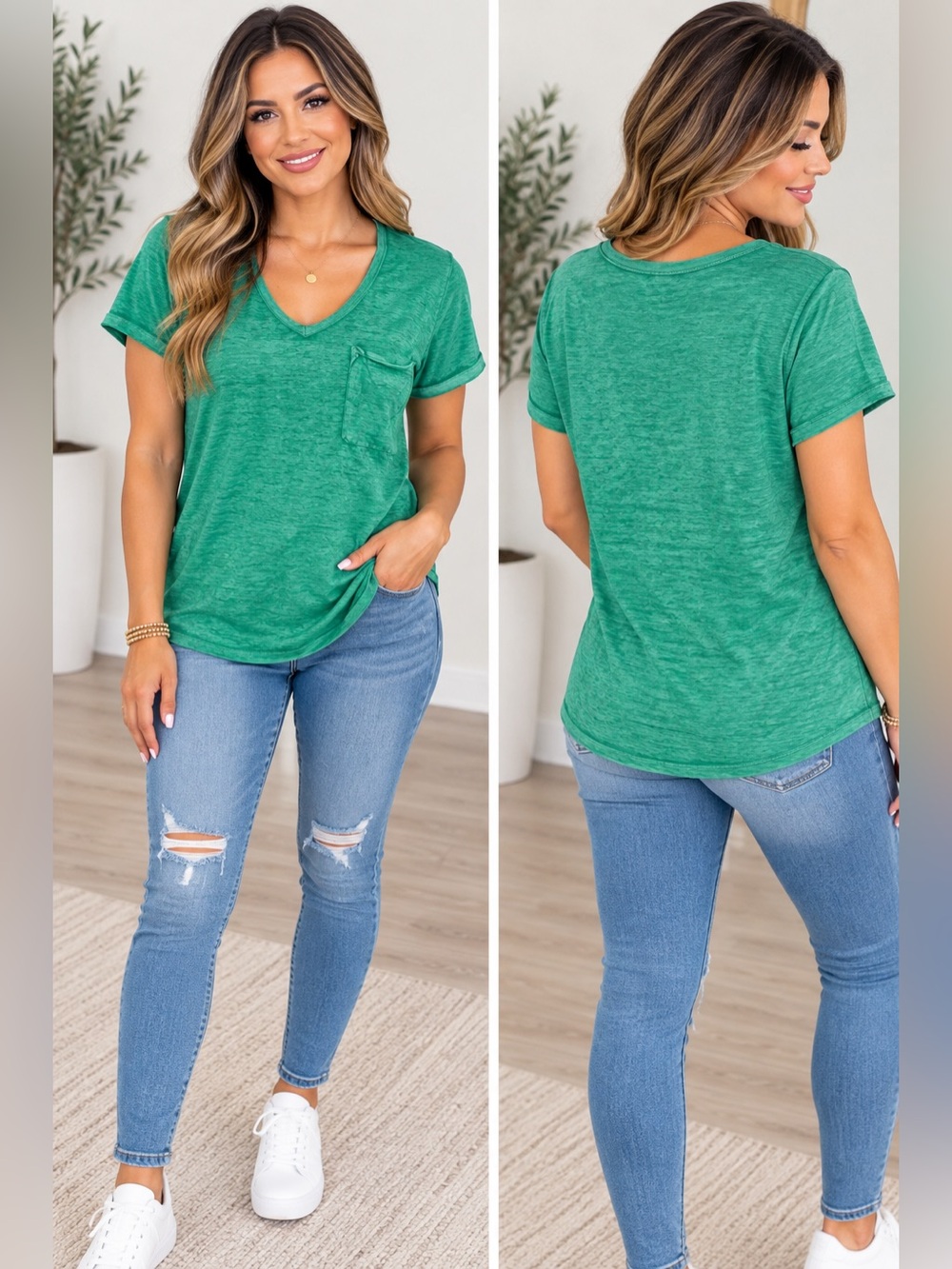 Zenana- V-Neck Pocket Tee - K Green